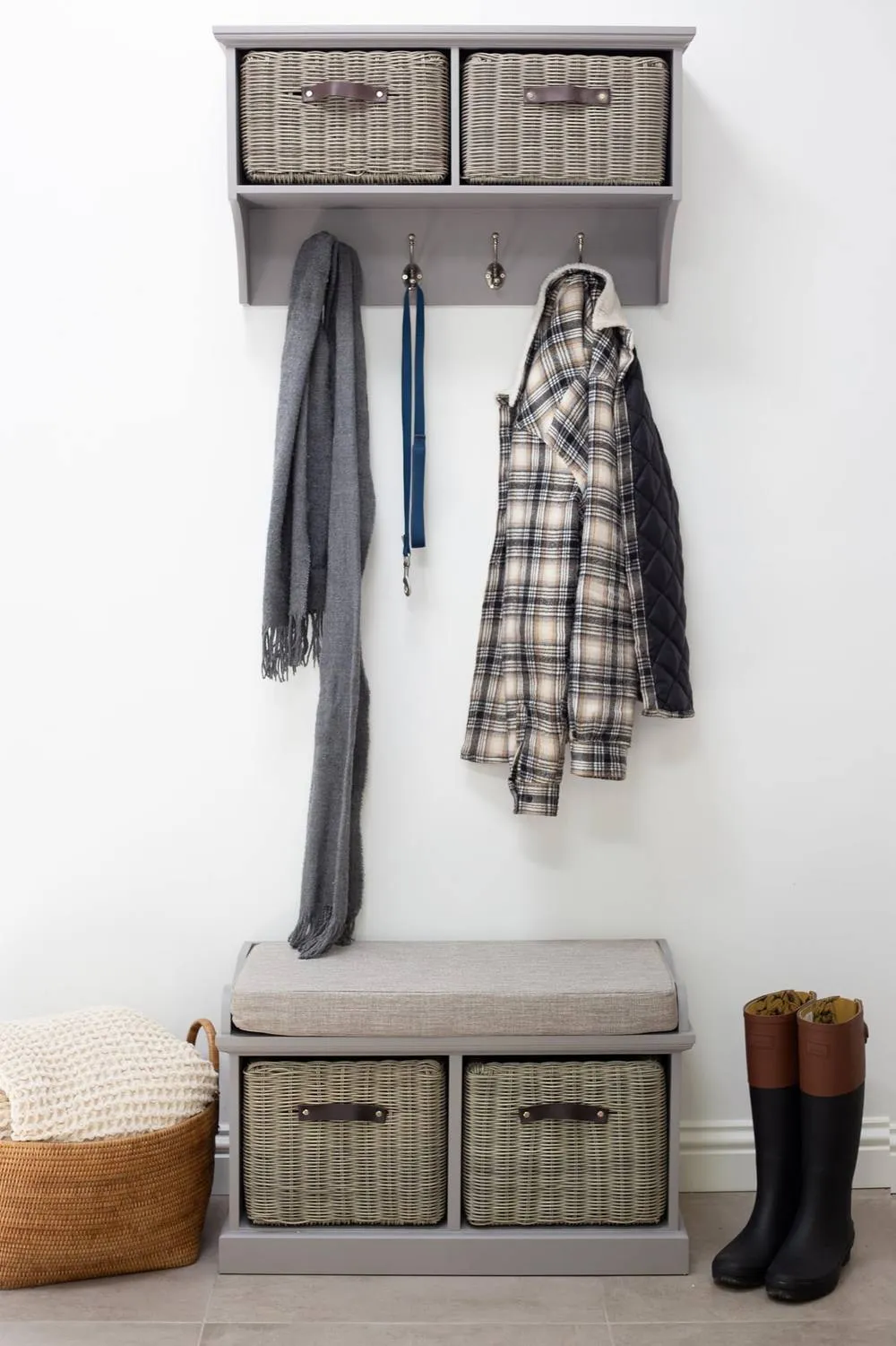 Statement Furniture Tetbury 2 Grey Faux Rattan Basket & Grey Cushion Hallway Set in Light Grey 1