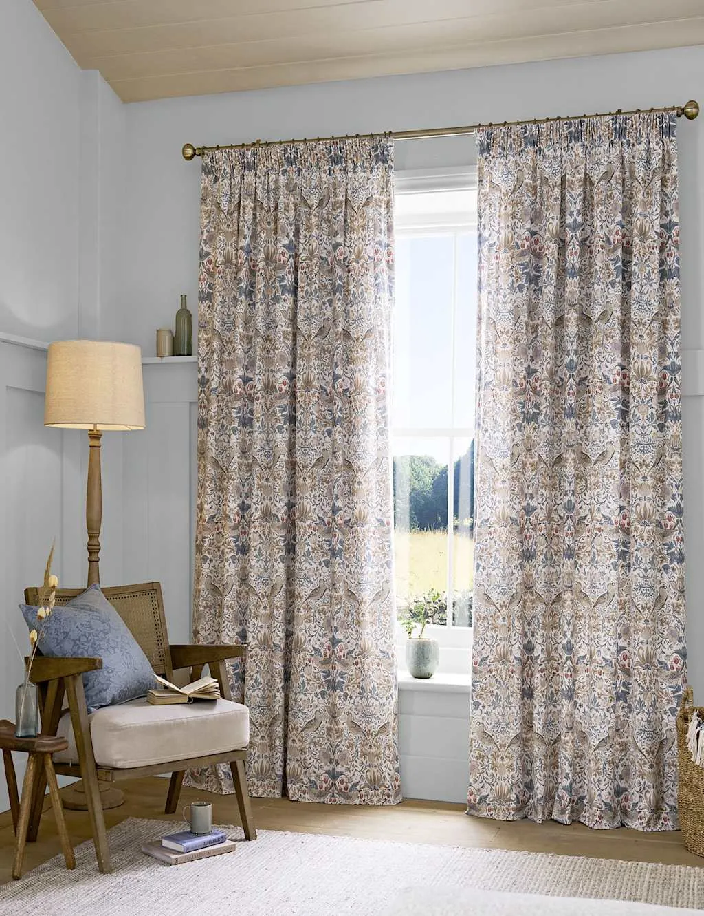 William Morris At Home Strawberry Thief Pencil Pleat Curtains Blue Mix