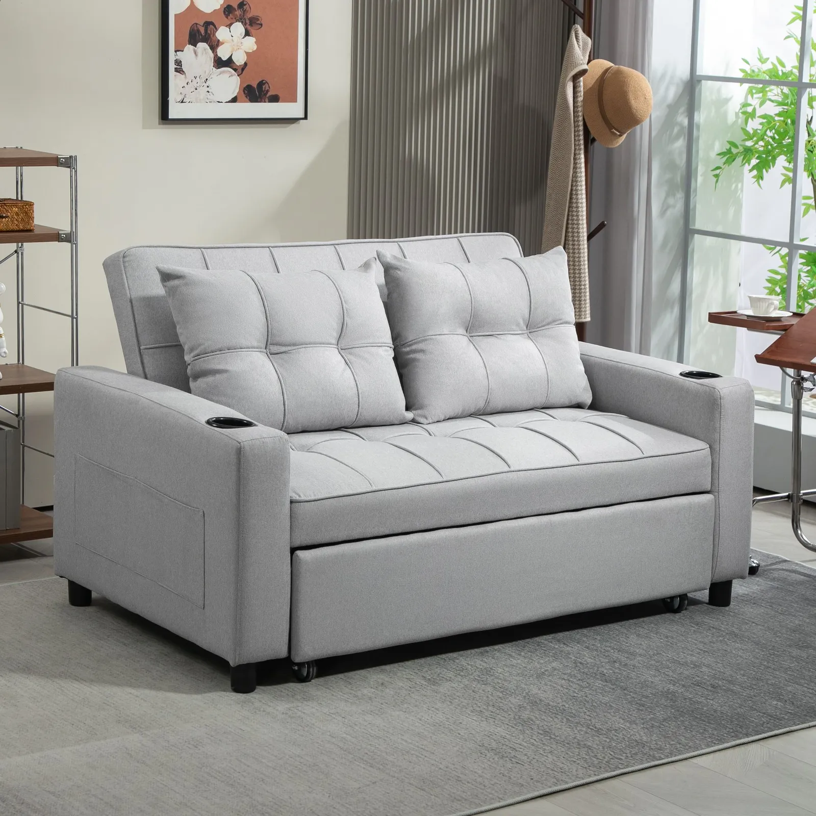 HOMCOM 2 Seater Pull Out Sofa Bed with Pockets for Living Room in Light Grey 1