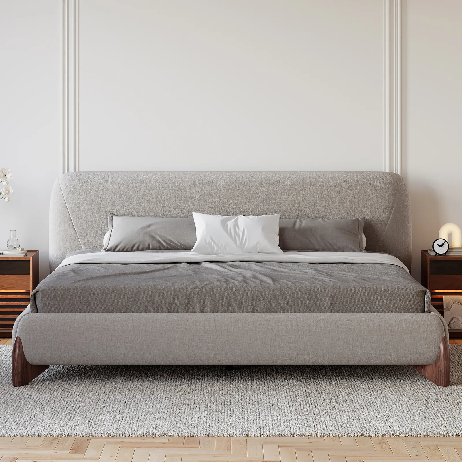 Curva Modern Grey Cotton & Linen Platform Bed Queen Size Bed Frame with Upholstered Headboard