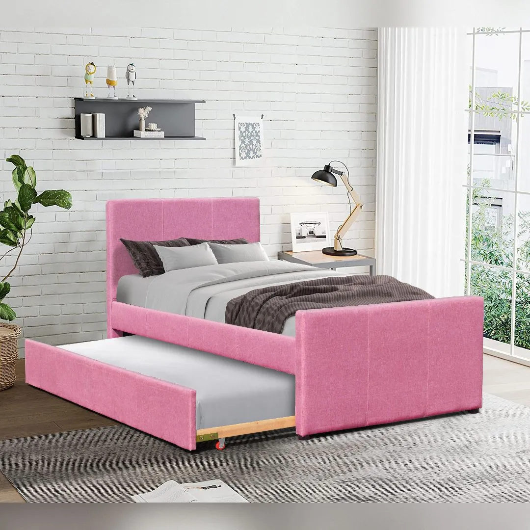 Comfy Living Ltd 3ft Single Fabric Bed Frame With Trundle Bed in Pink 1