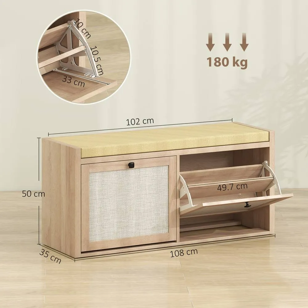 HOMCOM Rattan Shoe Bench with Padded Cushion & 2 Cabinets, Oak in Light Oak 3