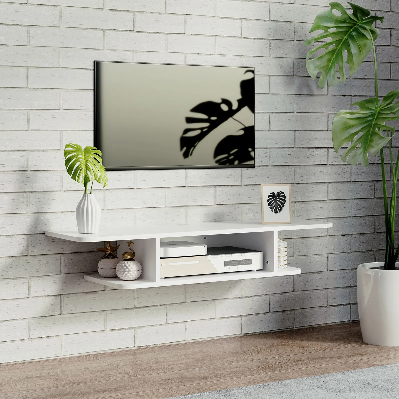HOMCOM TV Unit Stand Wall Mount Media Console with Storage Shelf in White