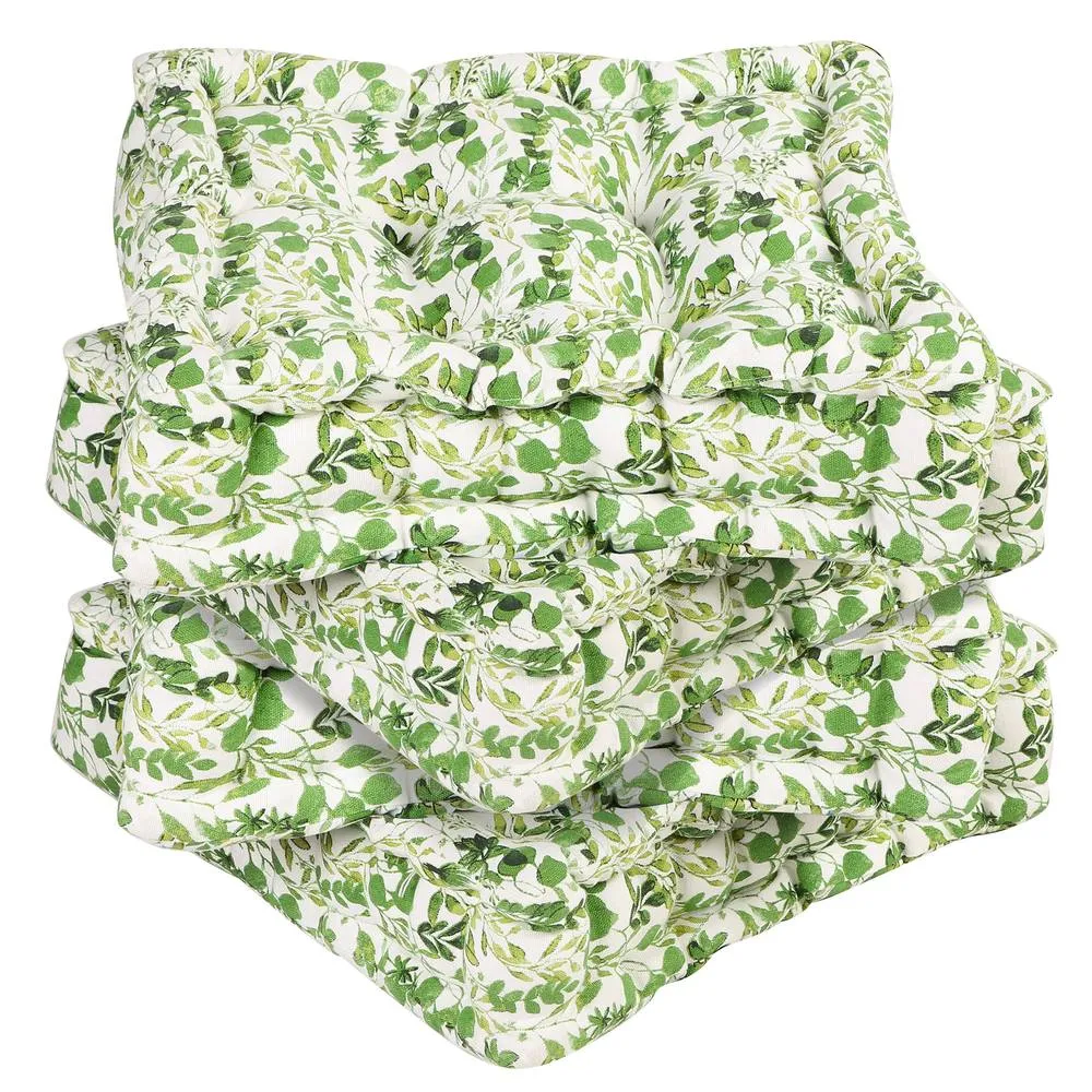 Dibor Set of 4 Green Leaf Print Chair Seat Pad Box Cushions L40 x W40cm in White