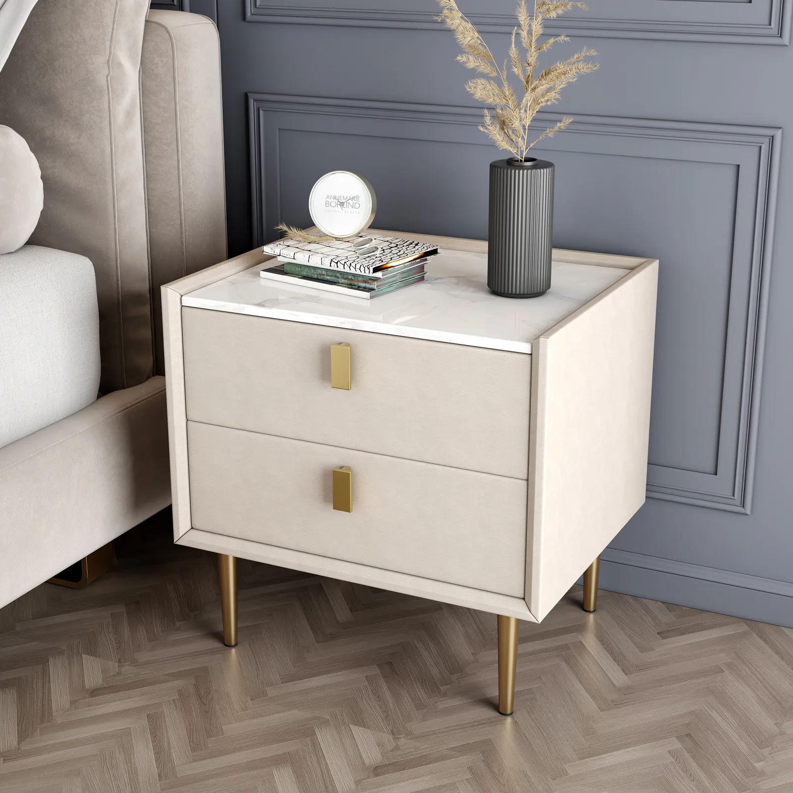 Modern 2 Drawers PU Leather Bedside Table Nightstand with Gold Metal Legs Set of 2