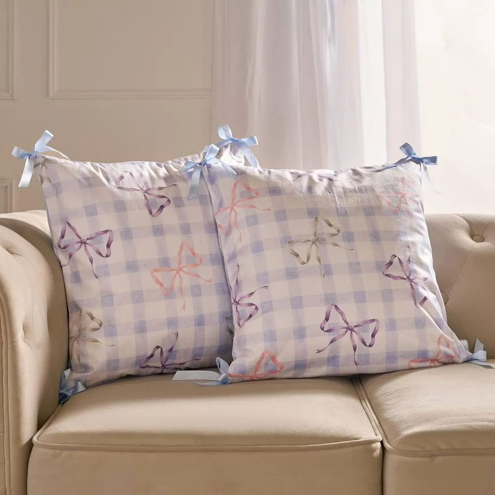 OHS 2 x Bow Gingham Matte Velvet Cushion Covers Home Decor in Blue