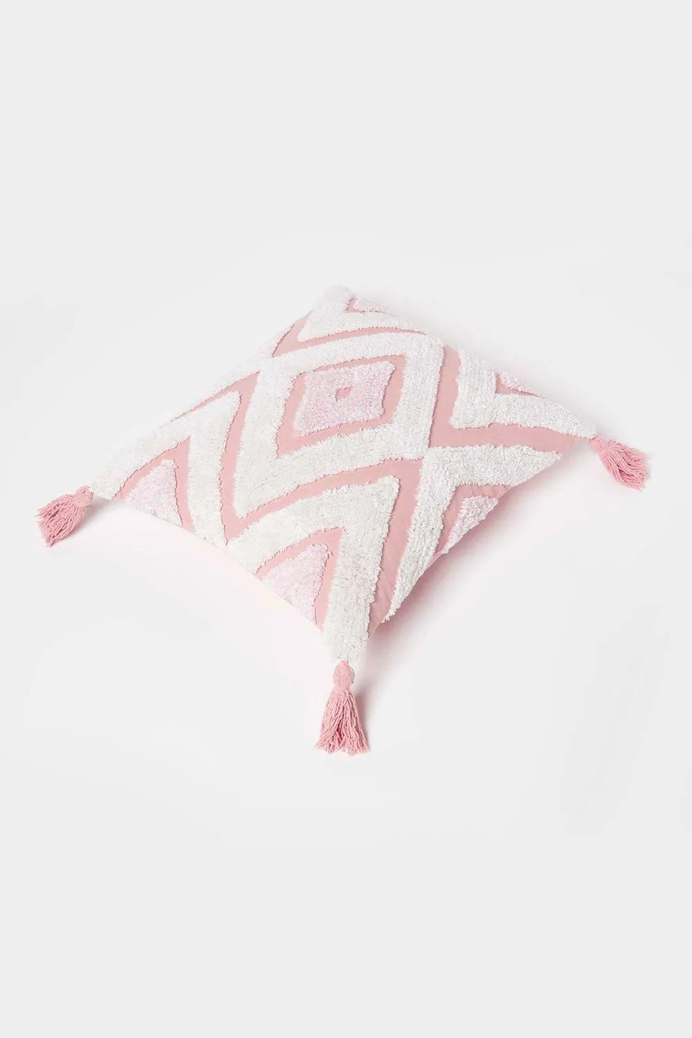 Homescapes Geometric Ikat Tufted Cotton Cushion with Tassels in White 5