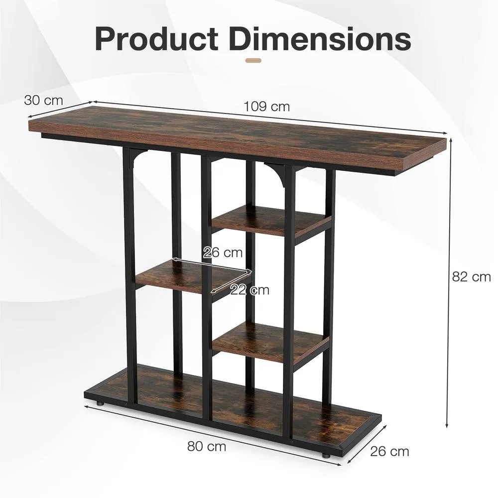Costway 109 cm Console Table Industrial Narrow Entrance Table with Shelves in Brown 2