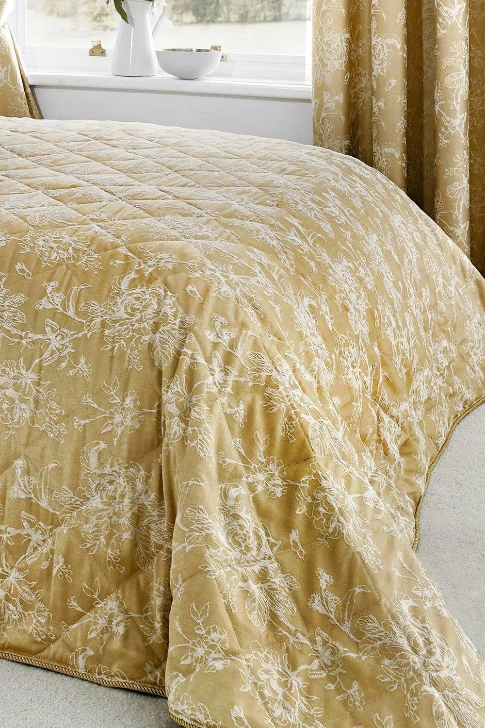 Dreams & Drapes 'Jasmine' Elegant Floral Jacquard Quilted Bedspread in Beige 2