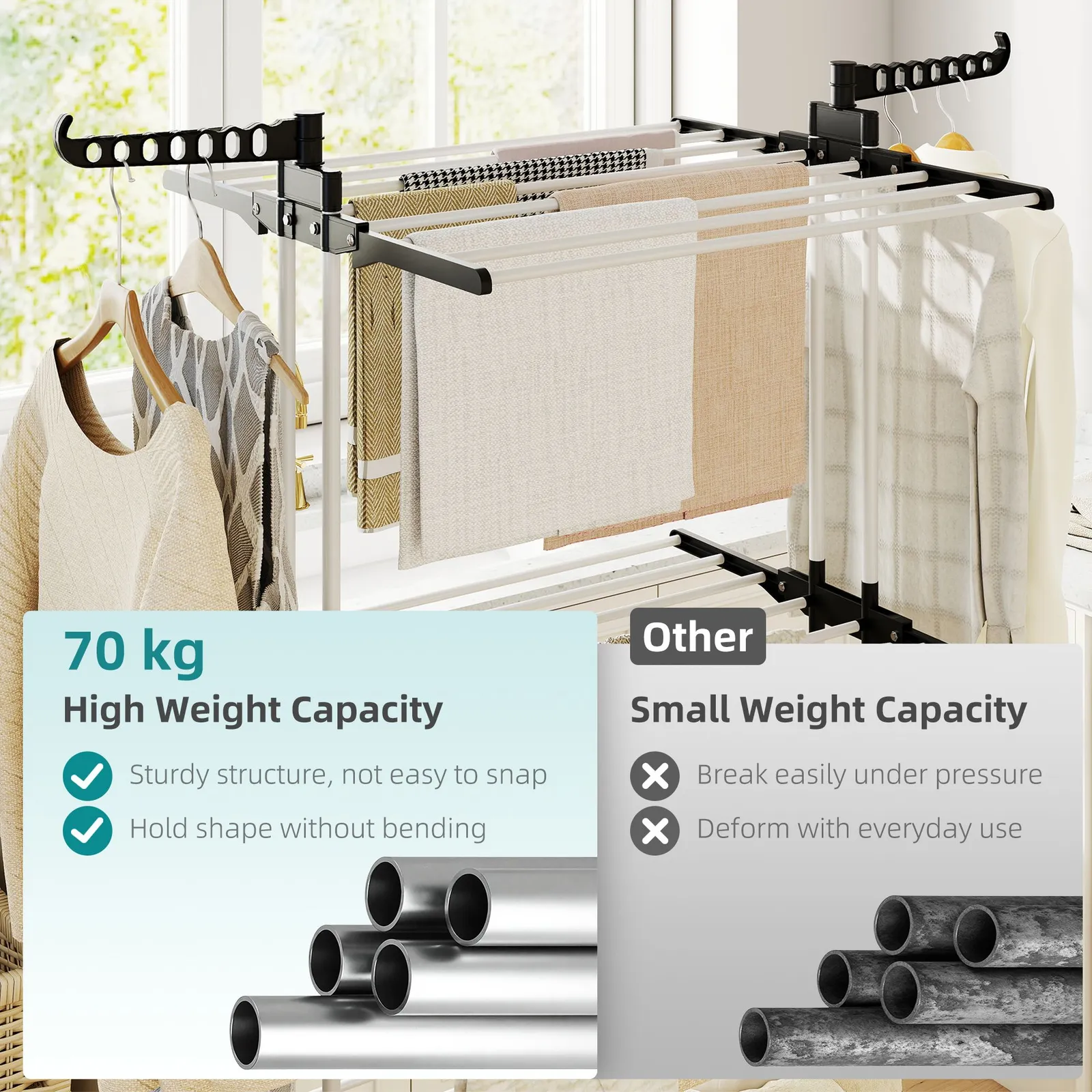 HOMCOM Foldable Clothes Drying Rack Steel Garment Dryer with Casters Black 5