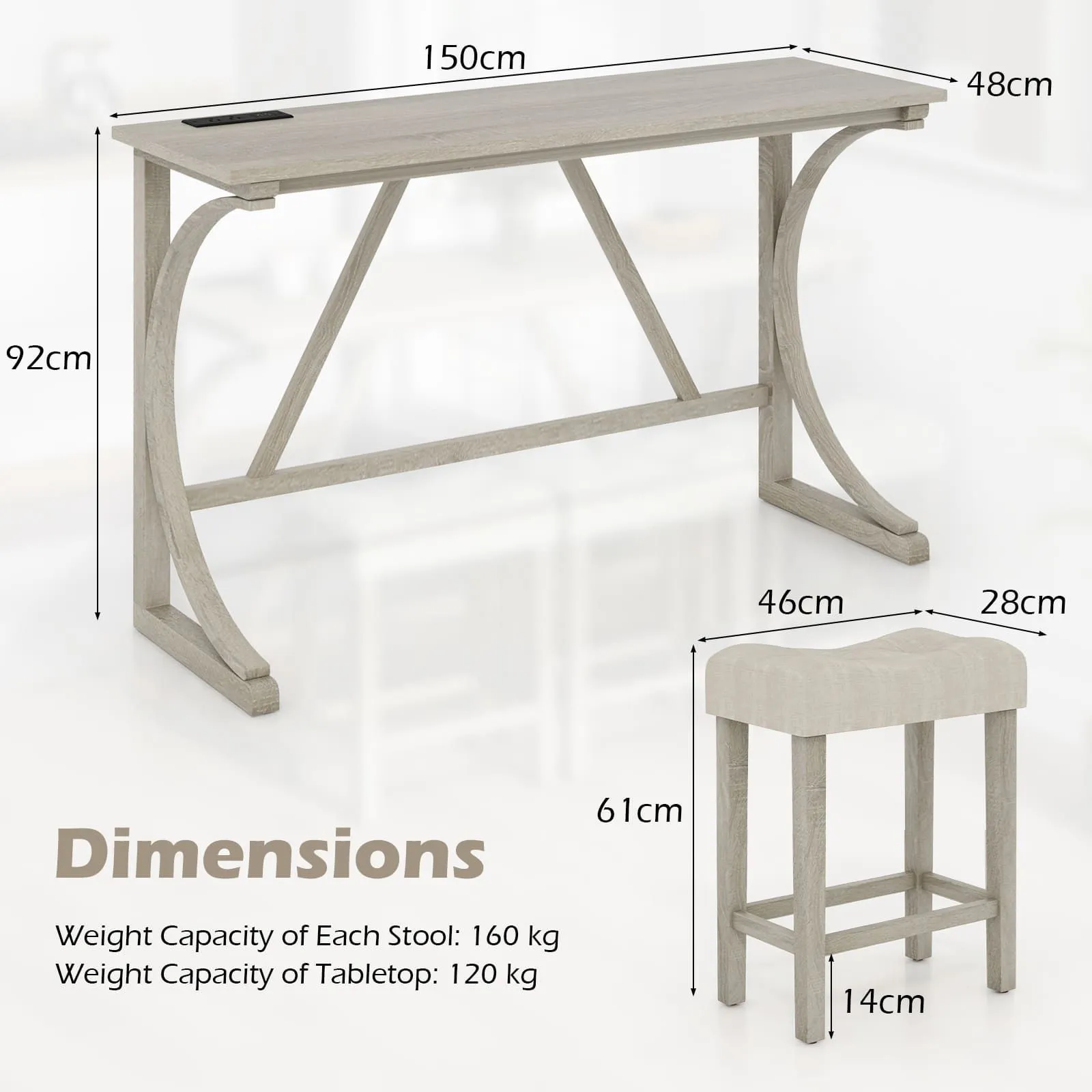 Costway 4-Piece Bar Table Set Counter Height Bistro Table w/ Power Outlet in Grey 2