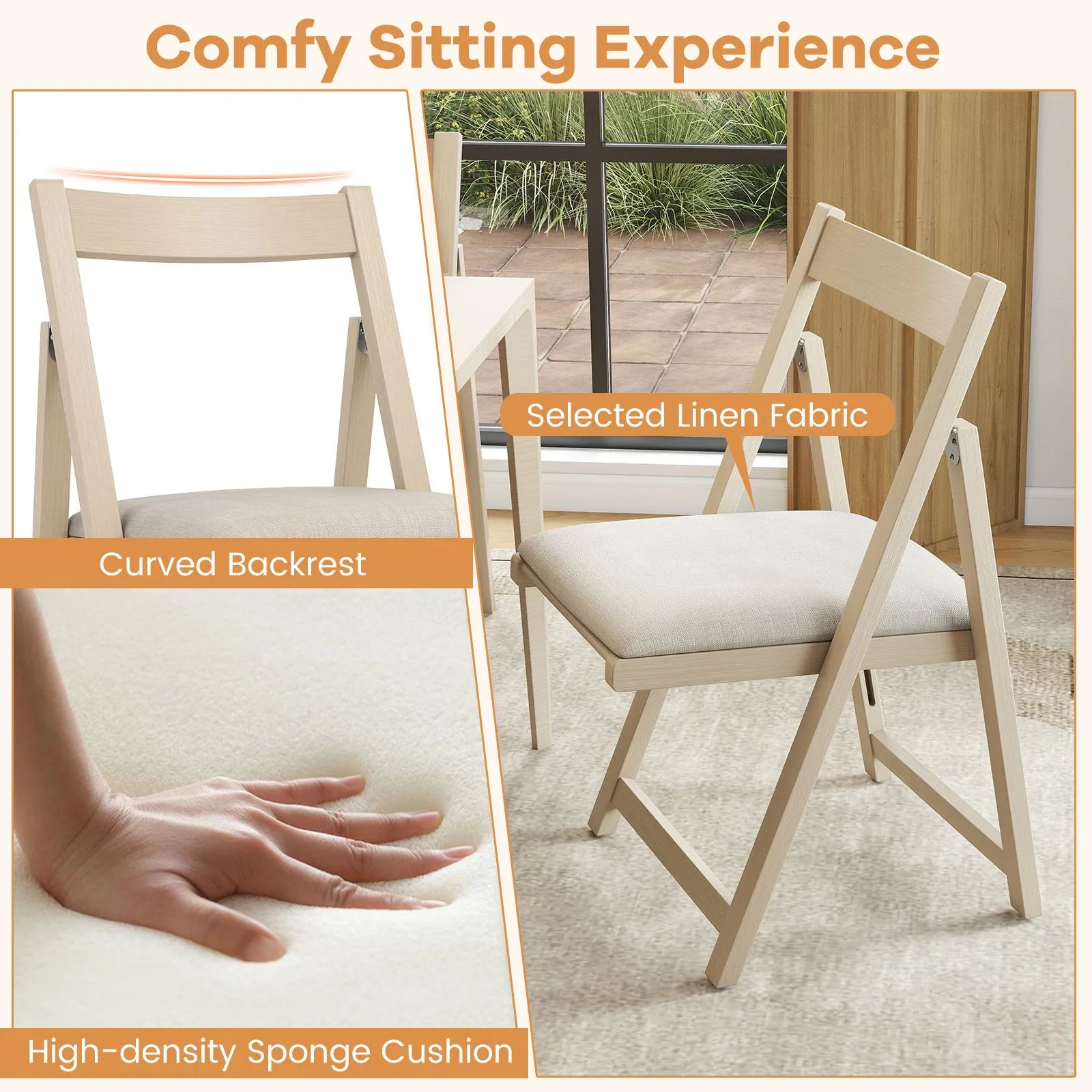 Costway Foldable Dining Chair Set of 4 Accent Armless Kitchen Chair in Beige 6
