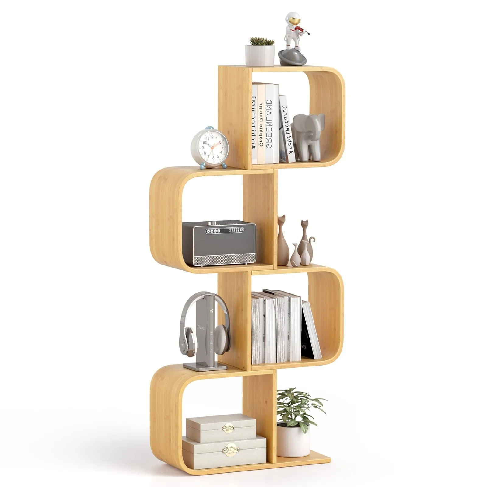 Costway 4-Tier S-Shaped Bookcase Bamboo Bookshelf w/4 Open Cubes in Natural