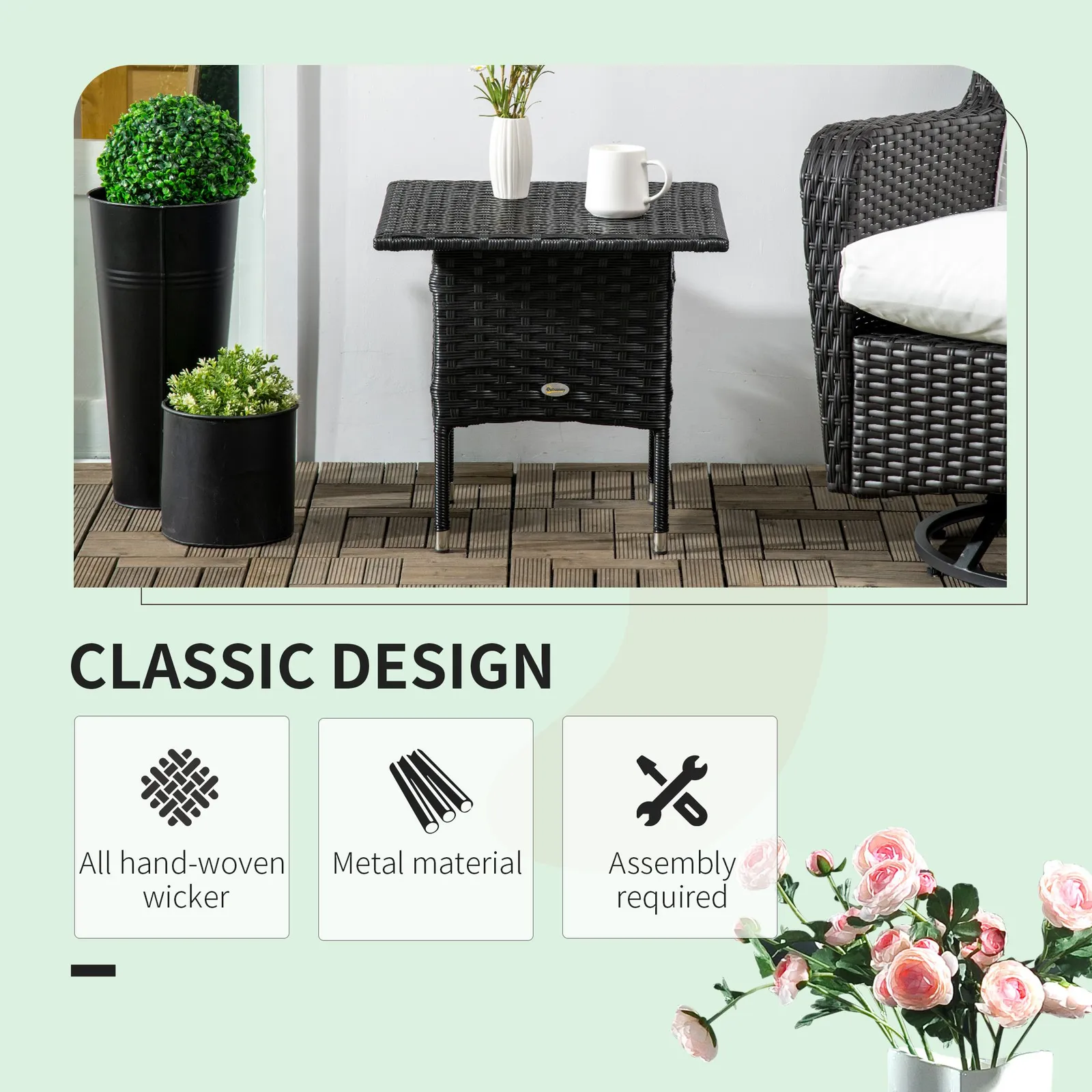 OUTSUNNY PE Rattan Outdoor Coffee Table, Easy Match Rattan Side Table in Black 4