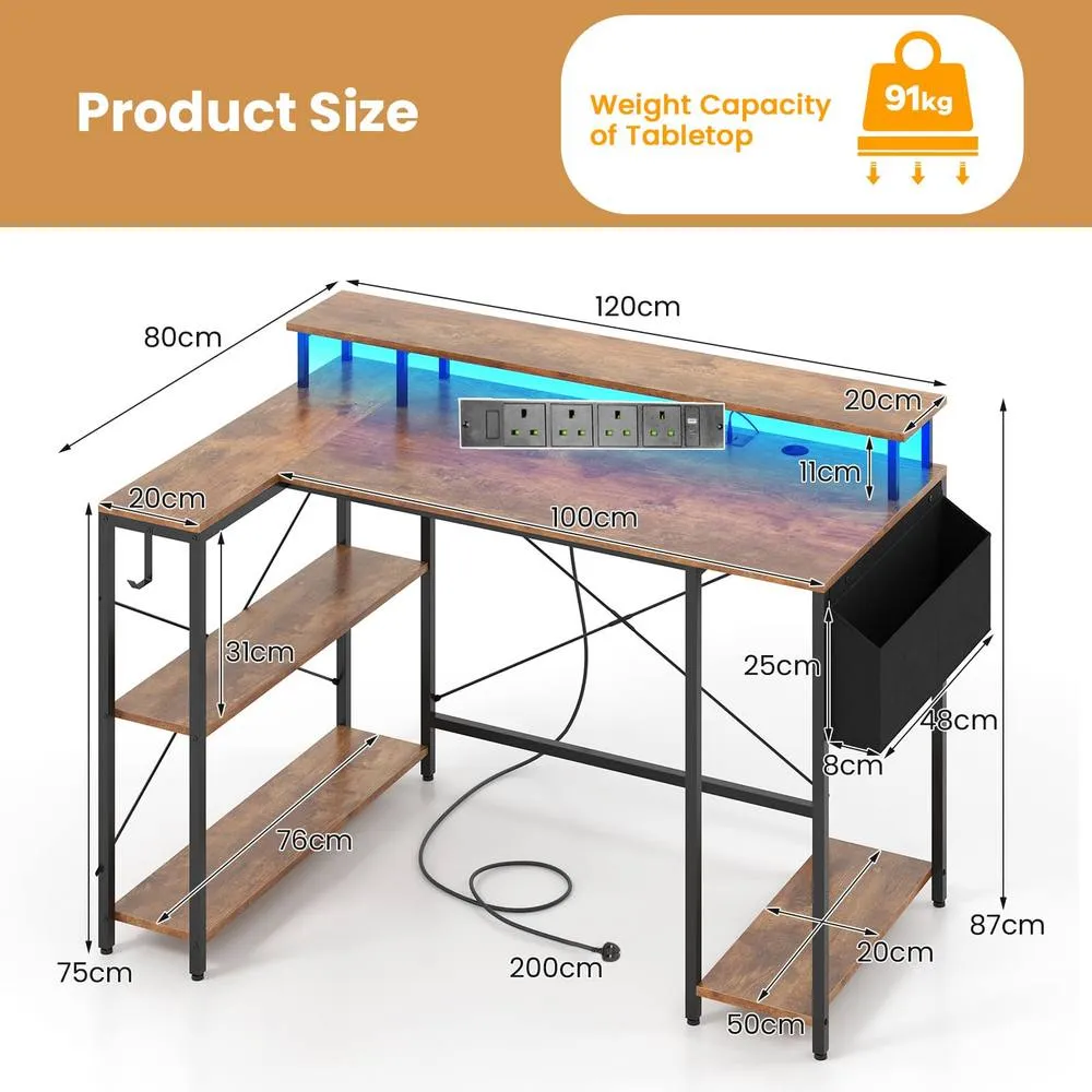 Costway L-Shaped Gaming Desk 120 cm Computer Desk with LED Lights in Brown 2