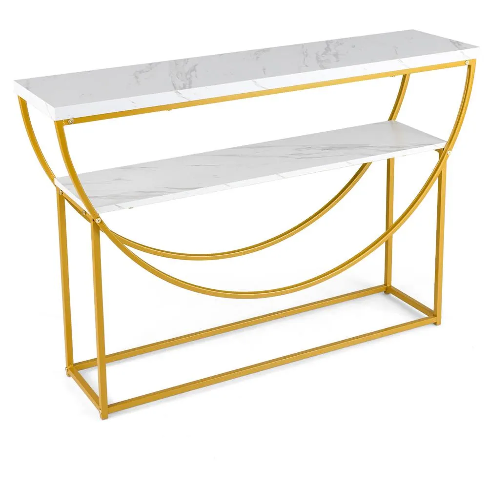 Costway 2-Tier Faux Marble Top Console Table Home Entryway Table-White in White