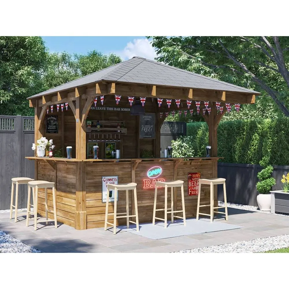 Dunster House Garden Bar 3x3m Wooden Outdoor Pub Shed Black Roof Shingles, Leviathan in Brown 2
