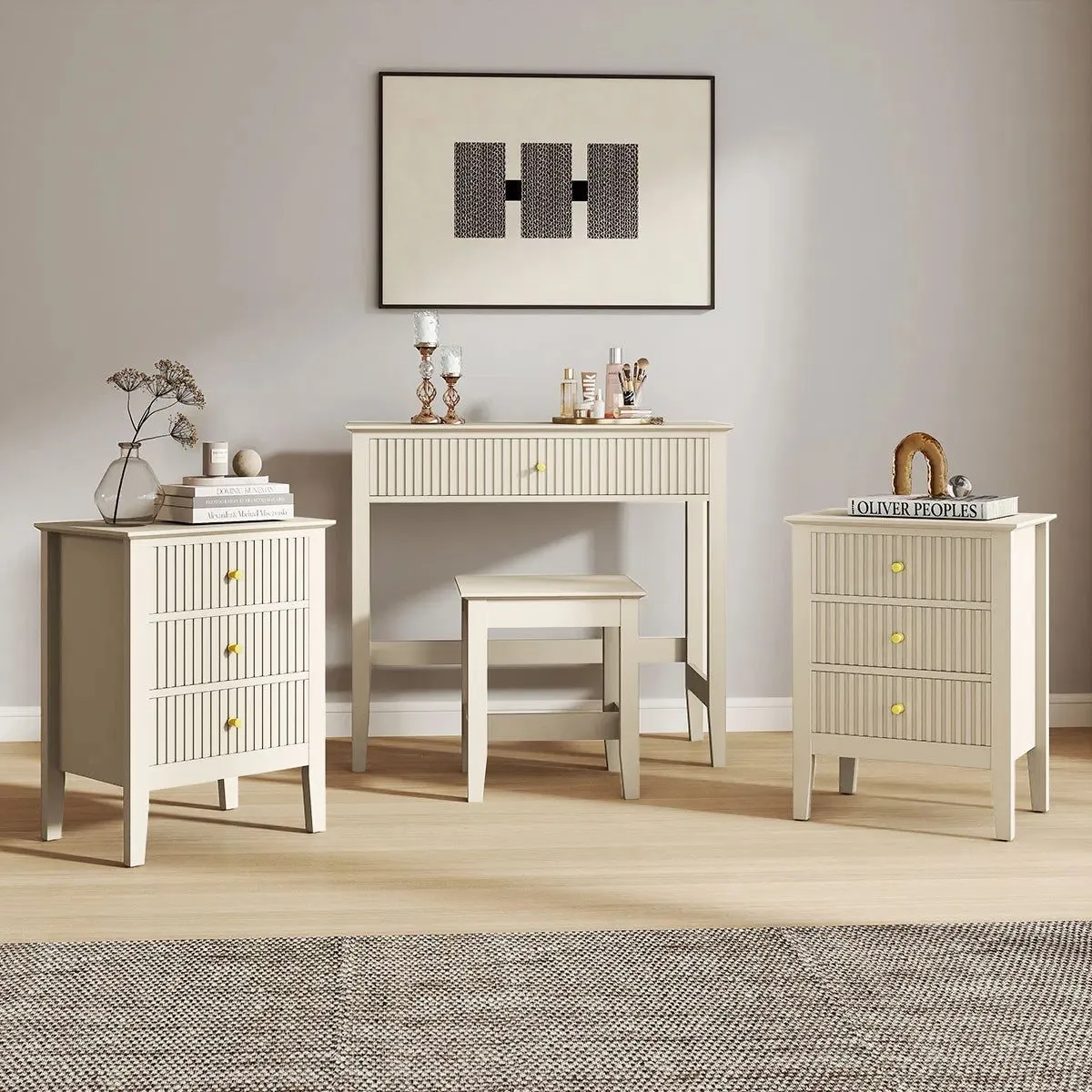 Melody Maison Dressing Table, Stool & Pair Of 3 Drawer Bedside Tables - Hales Taupe Range in Beige