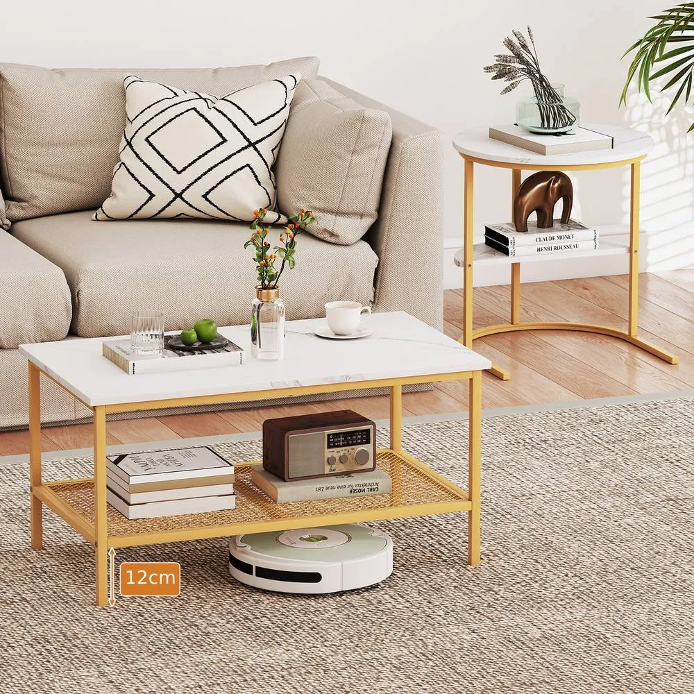 Costway 2PCS Nesting Faux Marble Coffee Table 2-in-1 Detachable Side Table Set 4