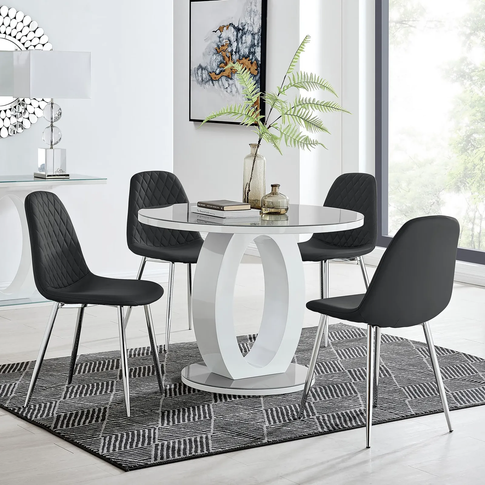 FurnitureboxUK Giovani Round 4 Seat 100cm White High Gloss Halo Base Grey Glass Top Dining Table 4 Soft Faux Leather Silver Leg Corona Chairs in Black 1