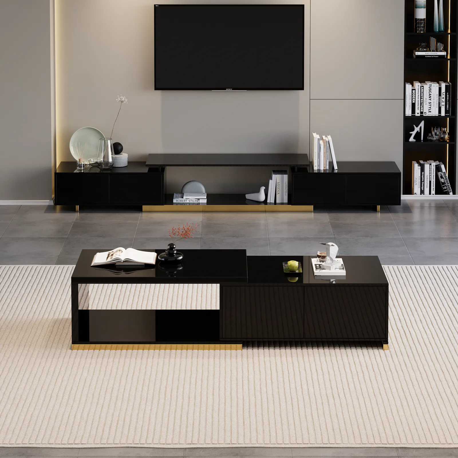 Living Room Cabinet Set Rectangle Glossy Black Extendable TV Stand & 1798 mm Glossy Black Coffee Table Set