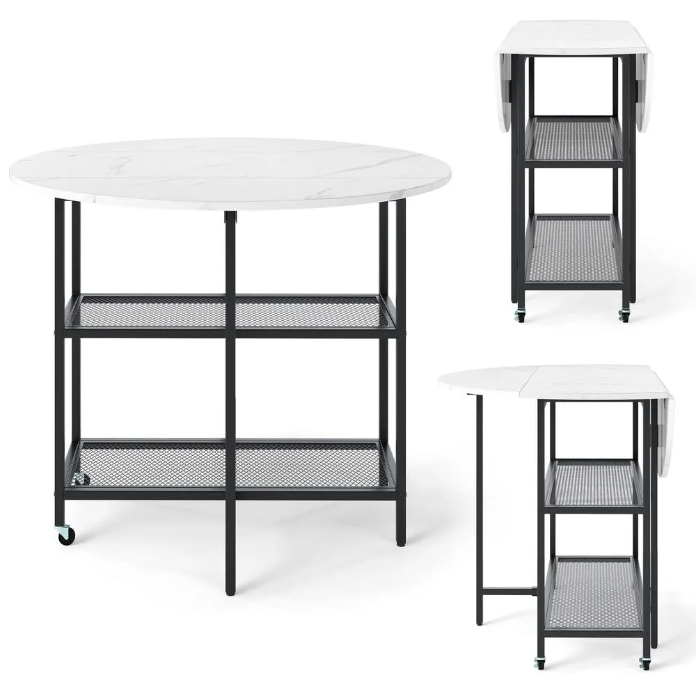 Costway 100cm Round Kitchen Table Dining Table w/Drop Leaf Tabletop-White in White