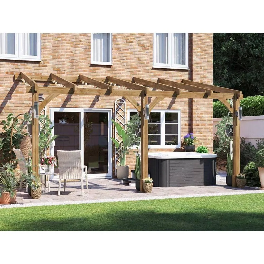 Dunster House Wooden Lean-To Pergola 5m x 3m Wall Mounted, Leviathan in Brown 4