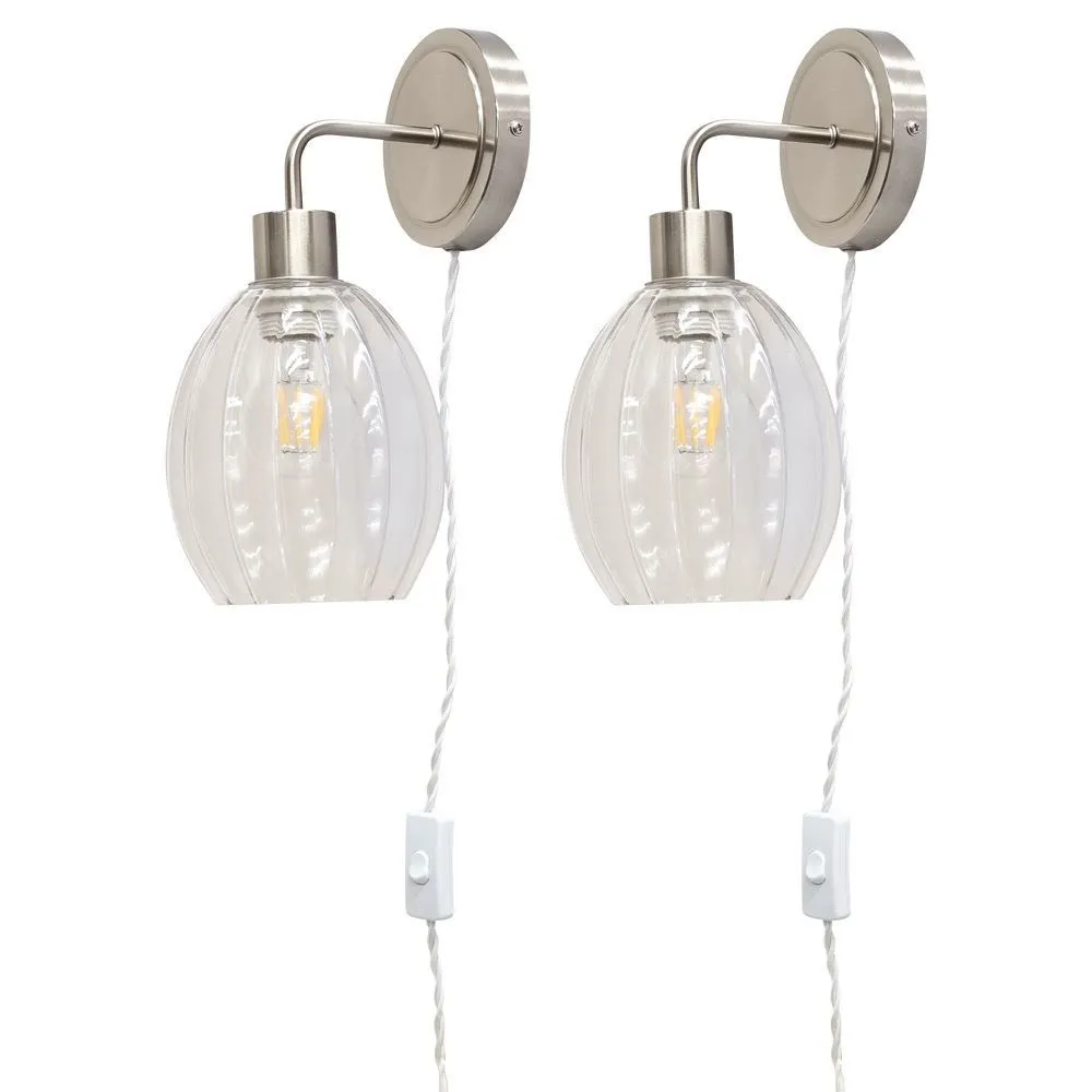First Choice Lighting Set of 2 Toby - Satin Nickel Plug in Wall Lights Fluted Shades in Silver