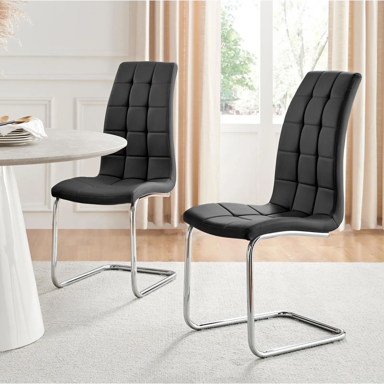 FurnitureboxUK Set of 2 Murano Deep Cushioned Soft Touch Faux Leather Dining Chairs With Silver Chrome Metal Legs in Black