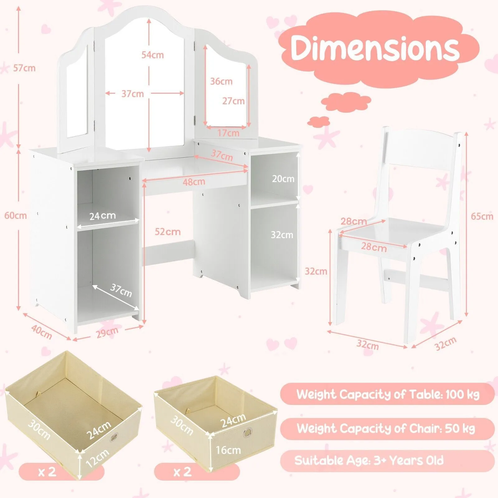 Costway 2-in-1 Dressing Table & Chair Set Vanity Table Desk w/ Removable Mirrors in White 2