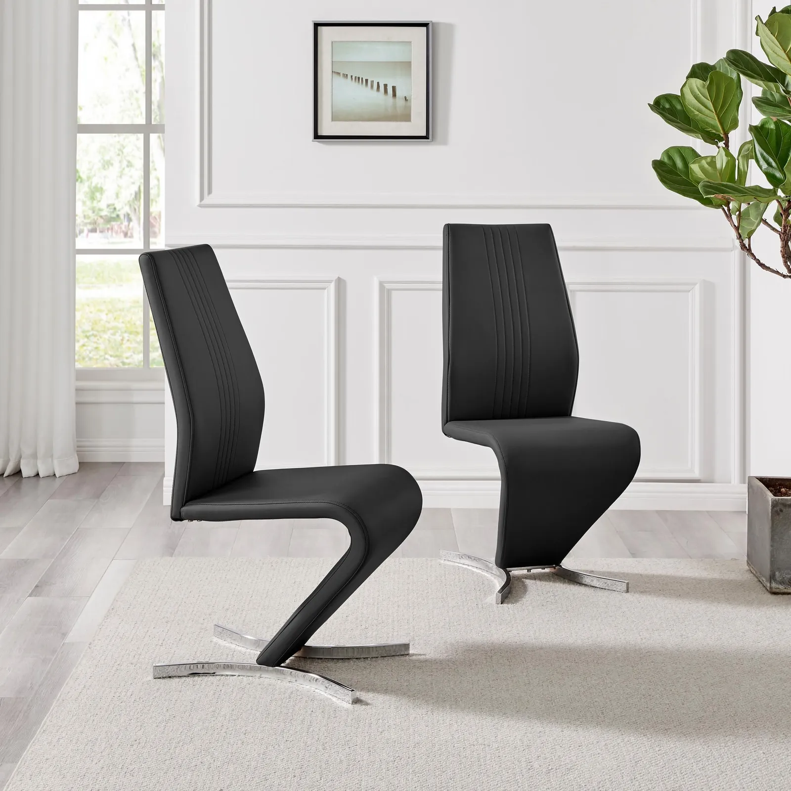FurnitureboxUK Set of 2 Willow Contemporary Z Shaped Faux Leather Dining Chairs With Silver Chrome Metal Legs in Black 2