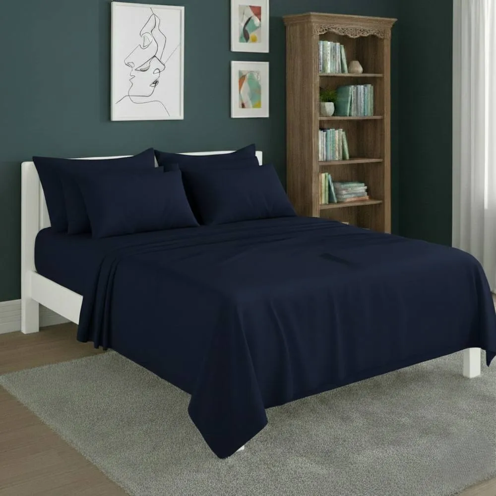 Snug City Plain Poly Cotton Easy Care Fitted Flat Sheet Matching Pillowcases Set in Navy