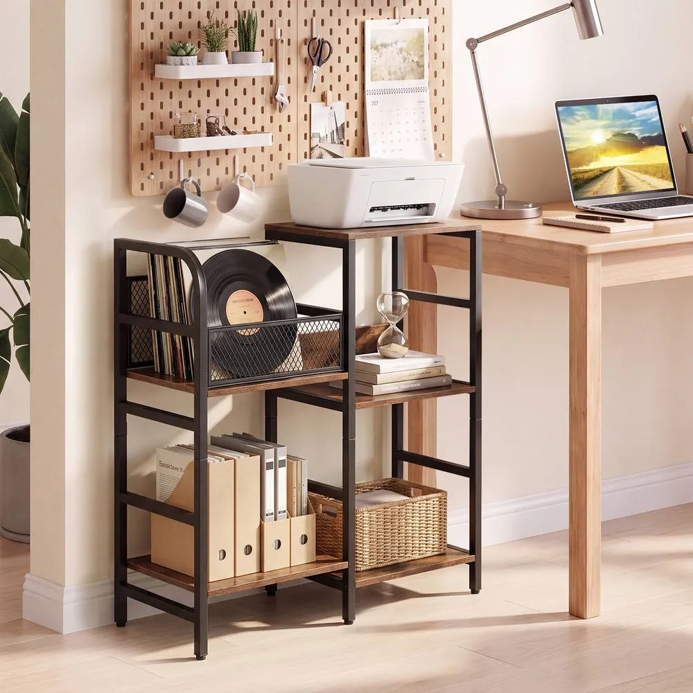 Costway Industrial Turntable Stand with Record Storage Medial Console Rack in Brown 4