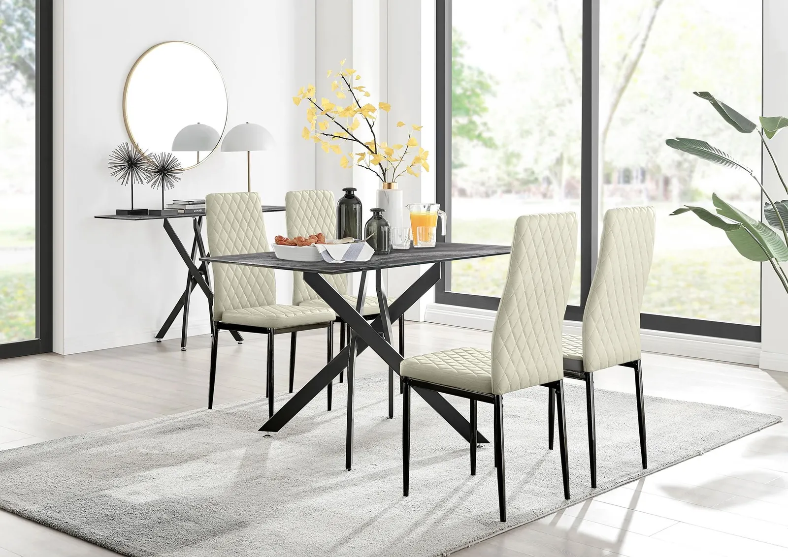 FurnitureboxUK Leonardo Grey Glass Marble Effect Black Leg Table & 4 Milan Black Leg Chairs in White