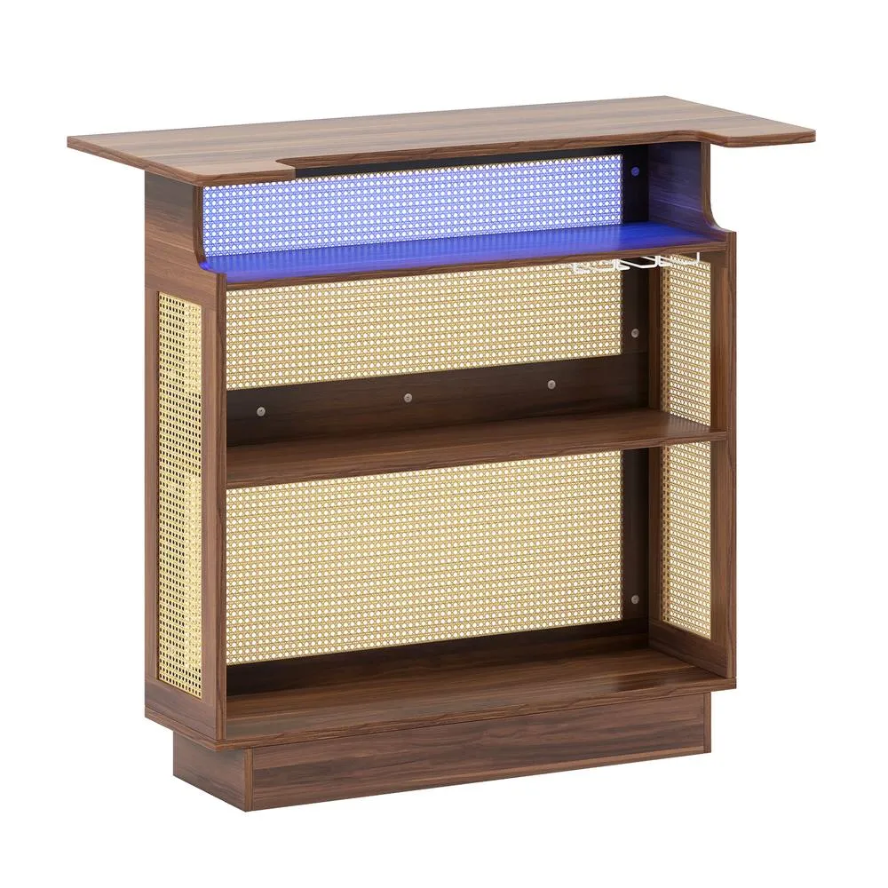Costway Industrial Home Bar Table w/LED Light &App Control Rattan Dining Table in Brown