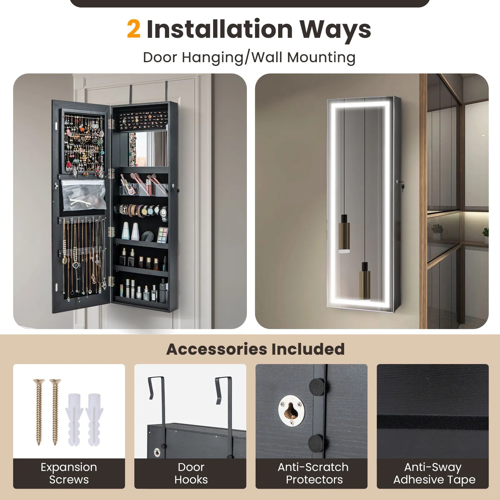 Costway 120cm Full Length Mirror Jewelry Cabinet Door Hanging/Wall Mounted Mirror with 3 Color Lights in Black 6