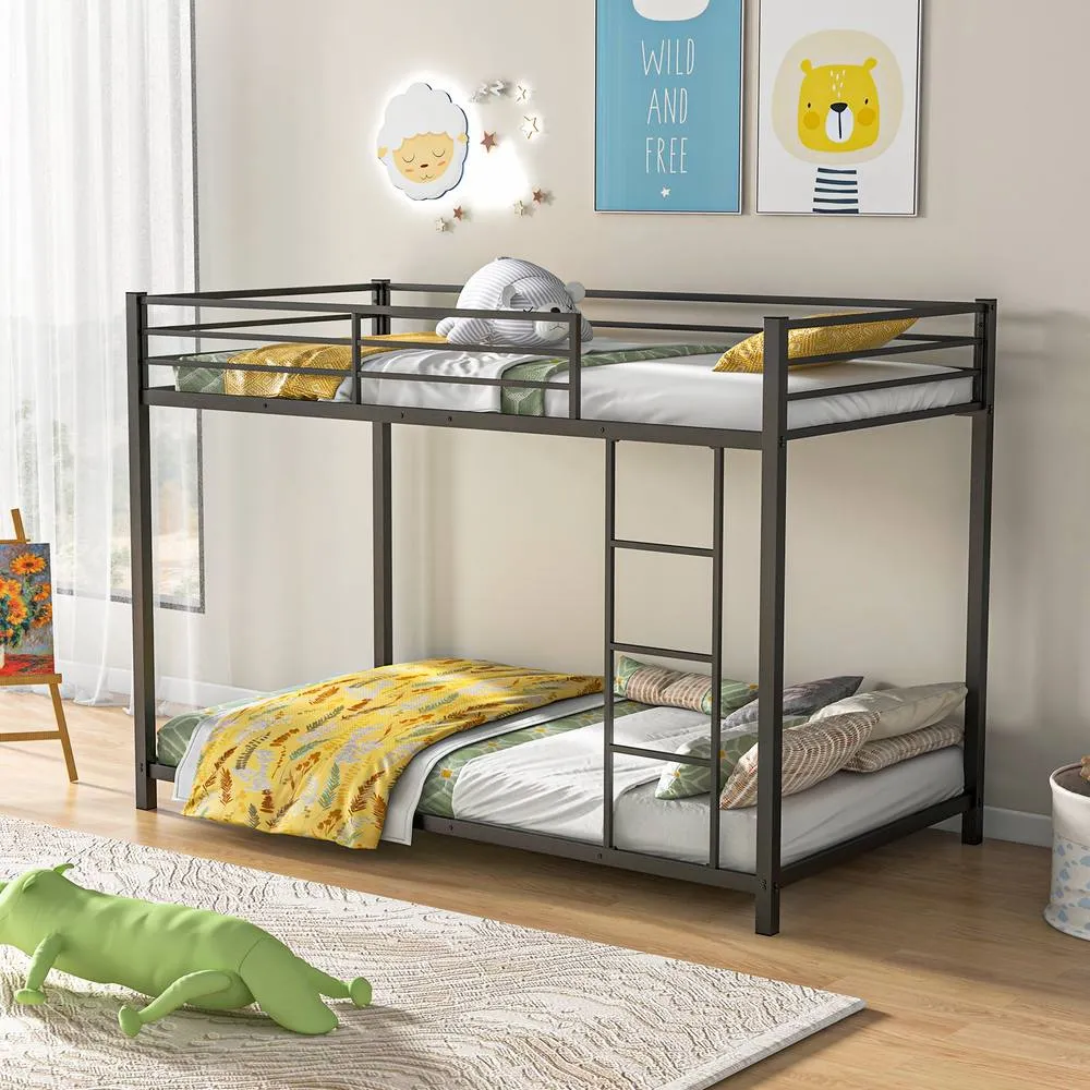 Costway Single Metal Bunk Bed Floor Bed Frame w/Ladder &Full-length Guardrails in Black 6