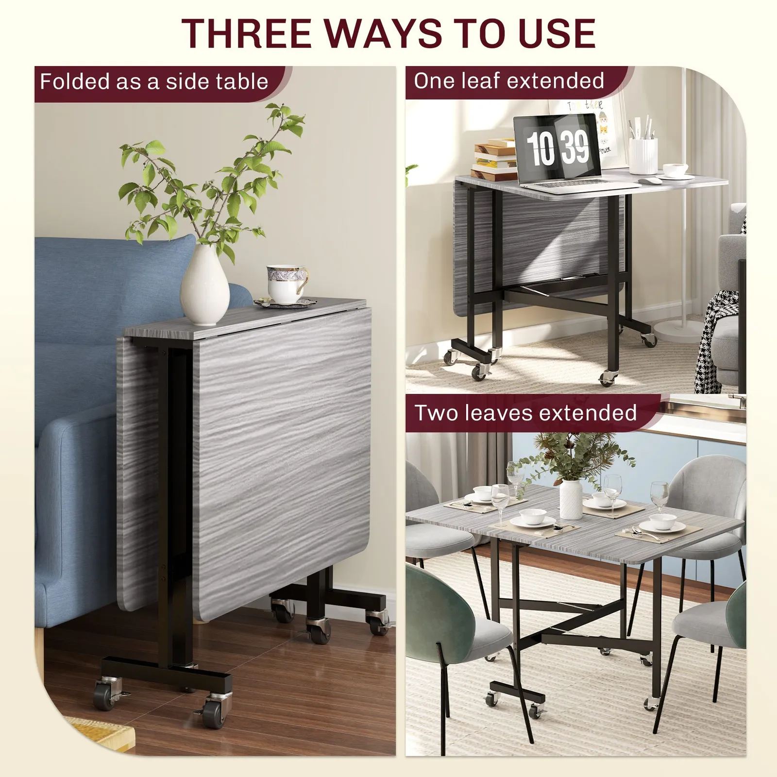 HOMCOM Mobile Drop Leaf Table, Folding Kitchen Table with 6 Wheels in Grey 4