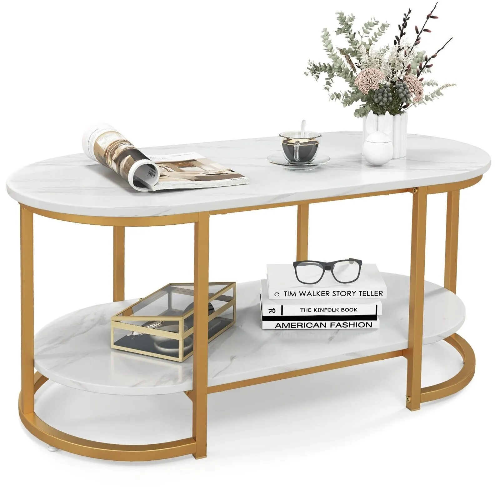 Costway Modern Faux Marble Coffee Table 2Tier Rectangular Chic Cocktail Accent Table in White