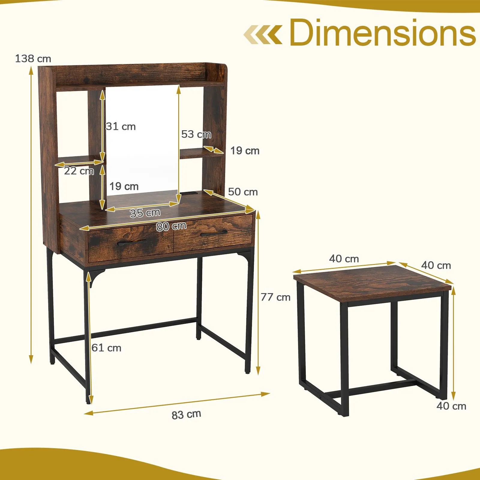 Costway Vanity Desk Wide Makeup Dressing Table with Power Outlets in Brown 2