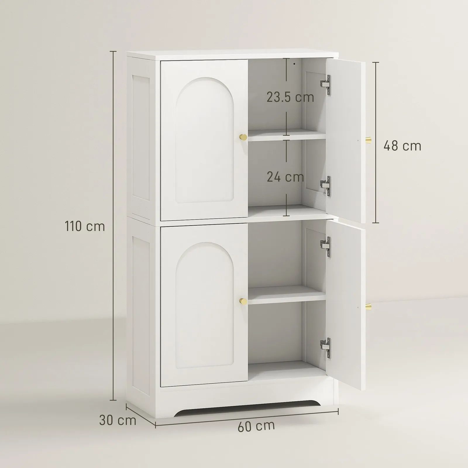 HOMCOM 110cm Kitchen Cupboard with 4 Arched Doors & 2 Adjustable Shelves in White 3