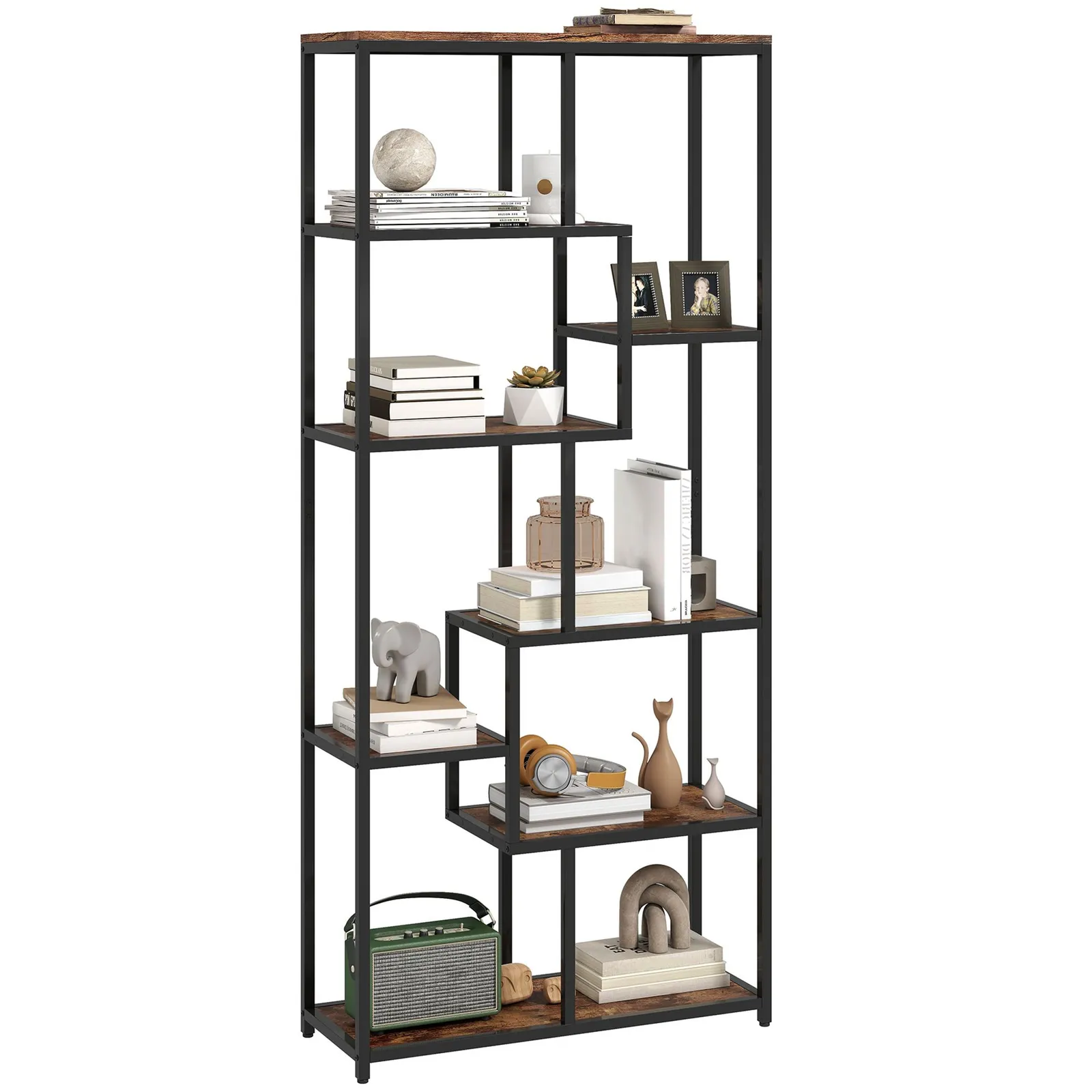 HOMCOM Industrial Bookcase 7-Tier Bookshelf Shelving Unit Rustic Brown Black 2