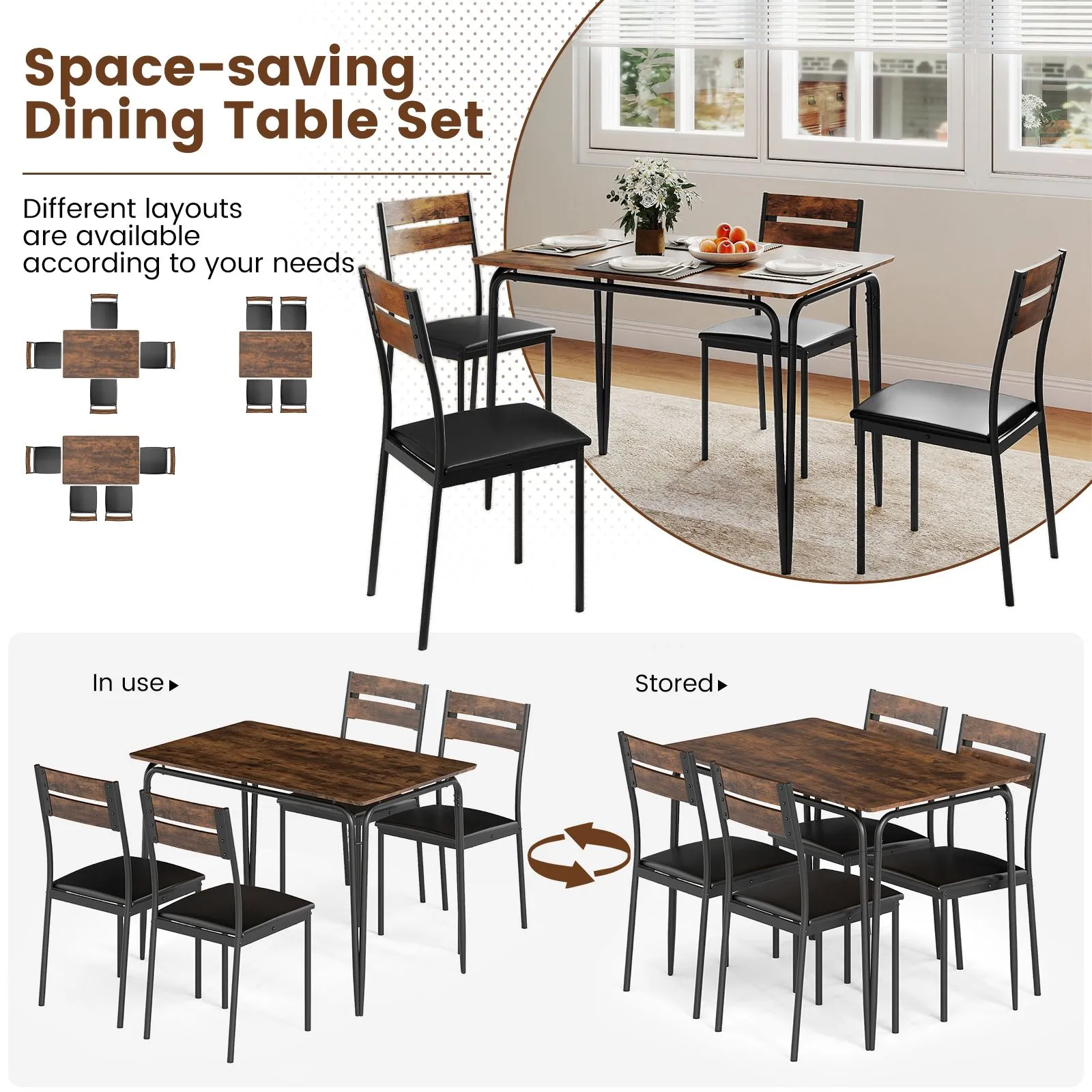 Costway 5PCS Dining Table Set Rectangular Kitchen Table & 4 Armless Chairs in Brown 5