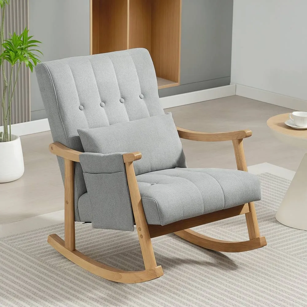 HOMCOM Modern High Back Rocking Chair with Solid Wood Legs in Light Grey
