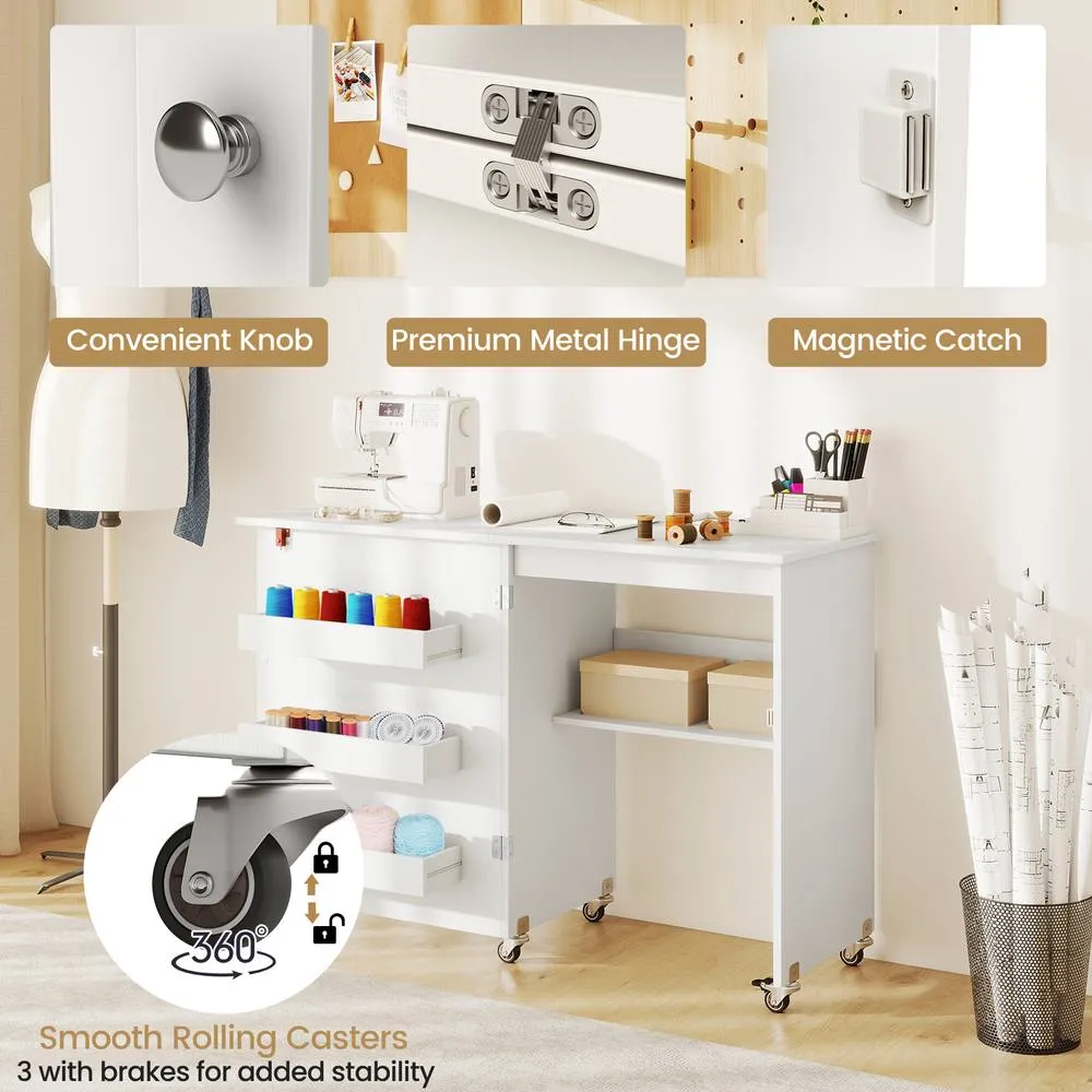 Costway Folding Sewing Table Mobile Sewing Machine Desk Rolling Craft Station in White 6