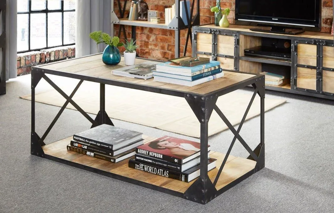 IH Design Alteus Vintage Up cycled Industrial Coffee Table with Shelf Metal & Wood in Black 3