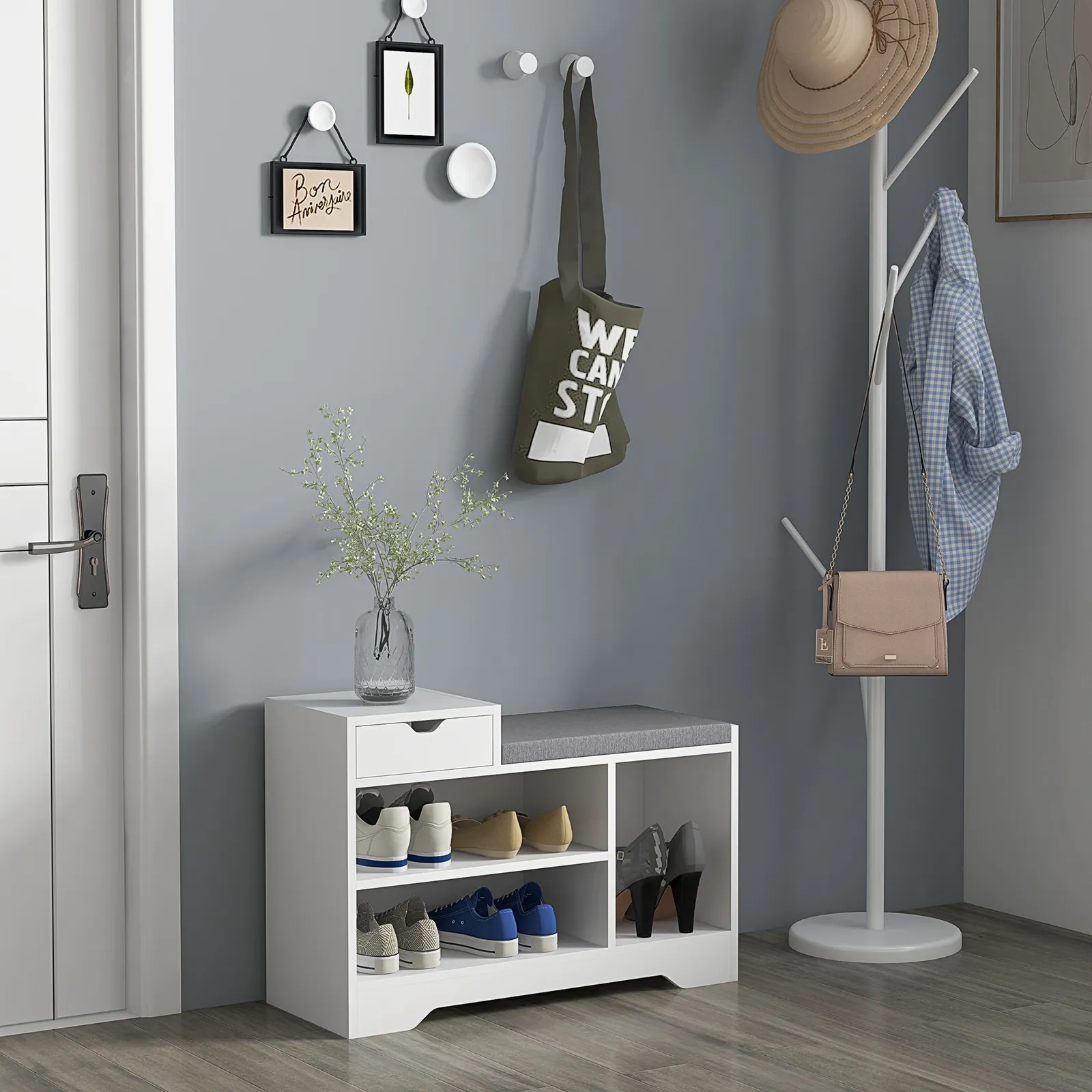 HOMCOM Upholstered Entryway Shoe Bench with Storage Drawer Open Shelf in White