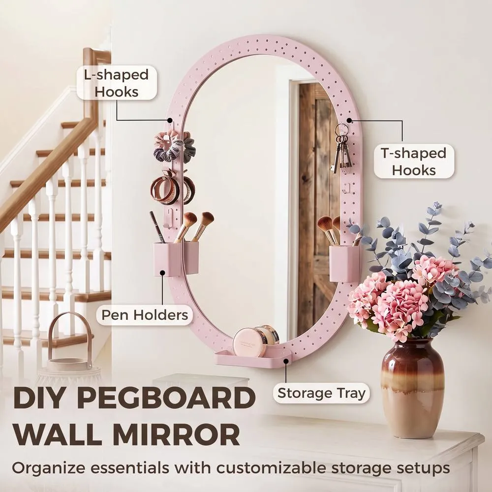 HOMCOM Oval Wall Mirror, 60 x 90 cm, Pegboard Frame, Wall-Mounted in Pink 4