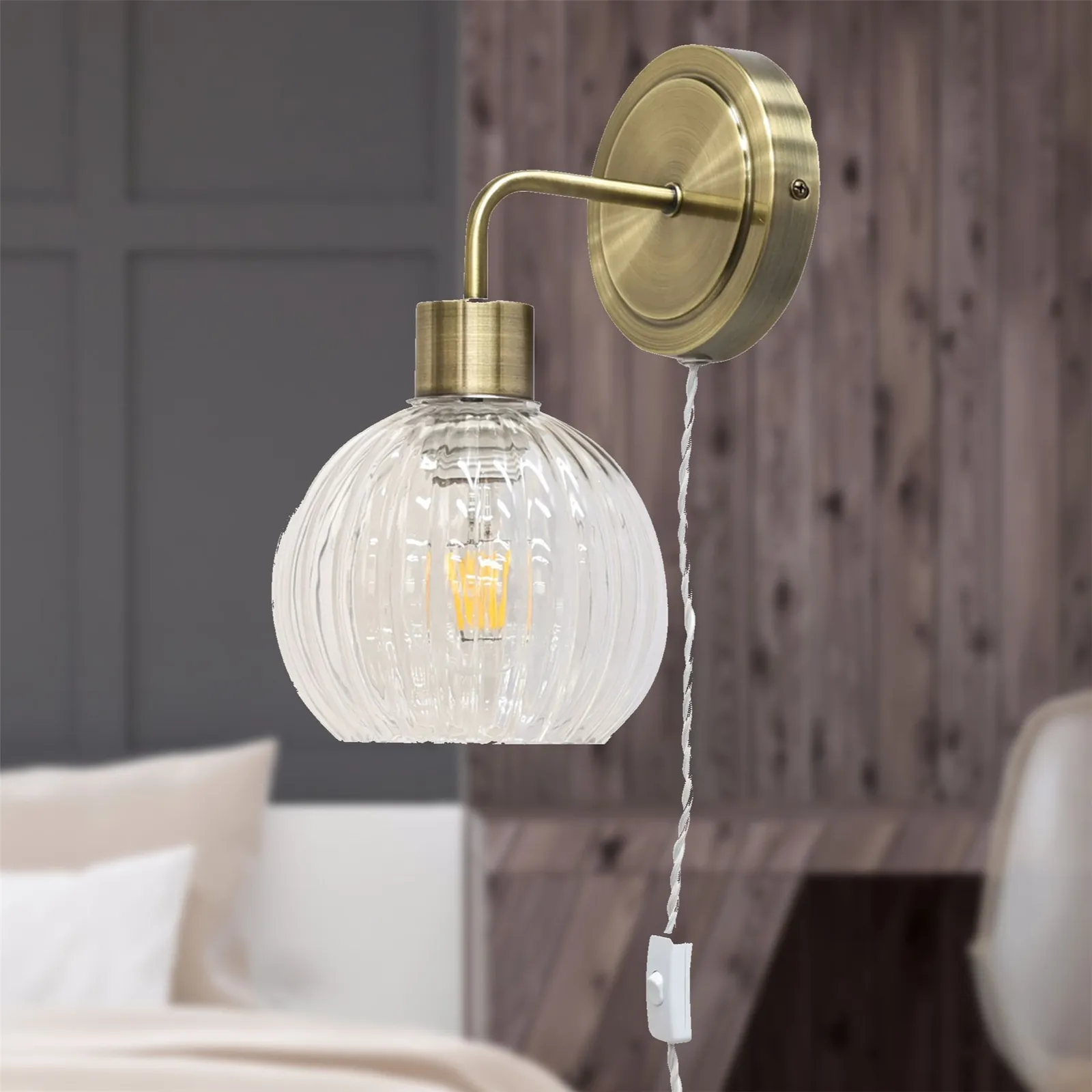 First Choice Lighting Set of 2 Toby - Antique Brass Plug in Wall Lights Clear Globe Shades in Gold 4