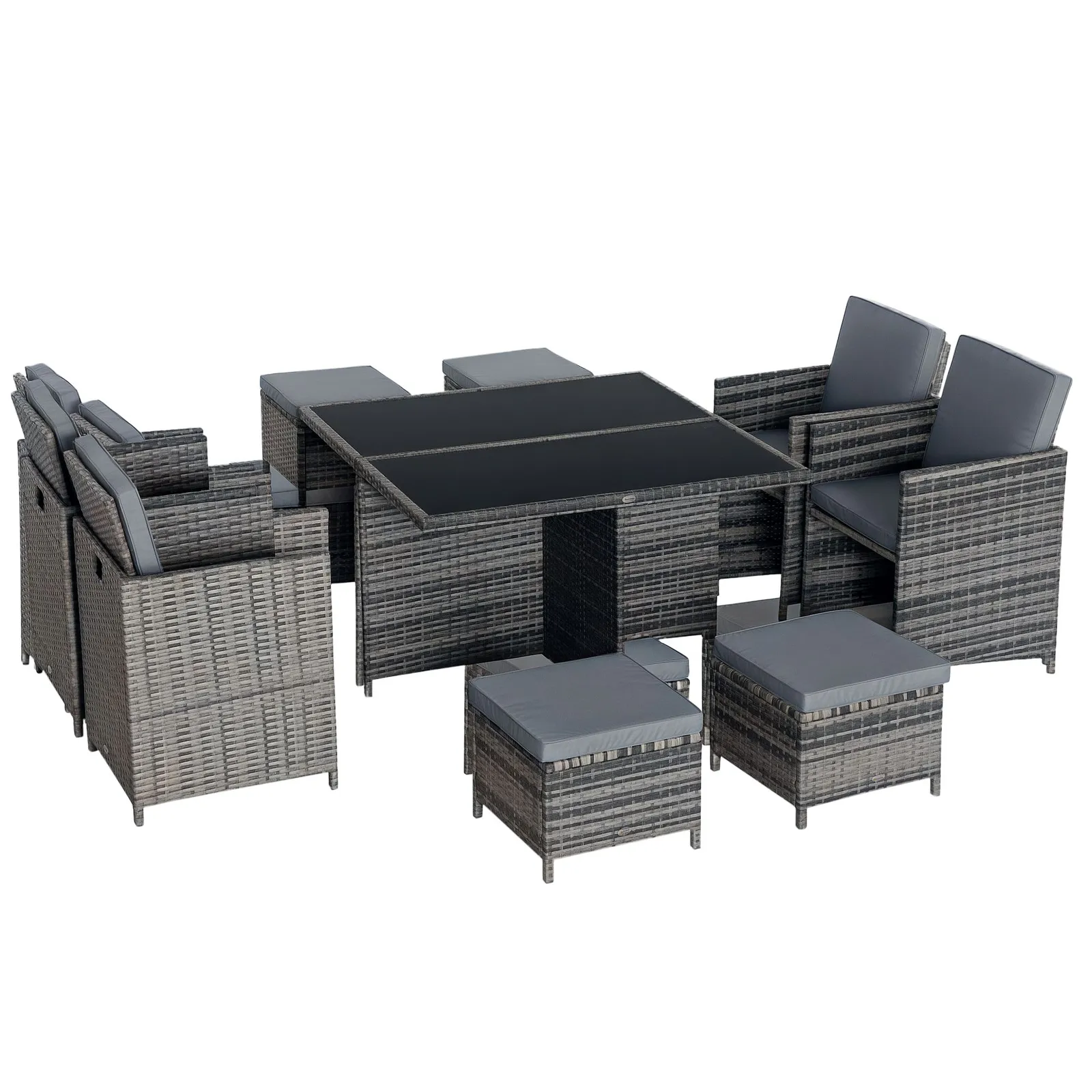 OUTSUNNY Rattan Dining Set Garden Furniture Cube Table Chair Stool Cushion Seat in Grey 2